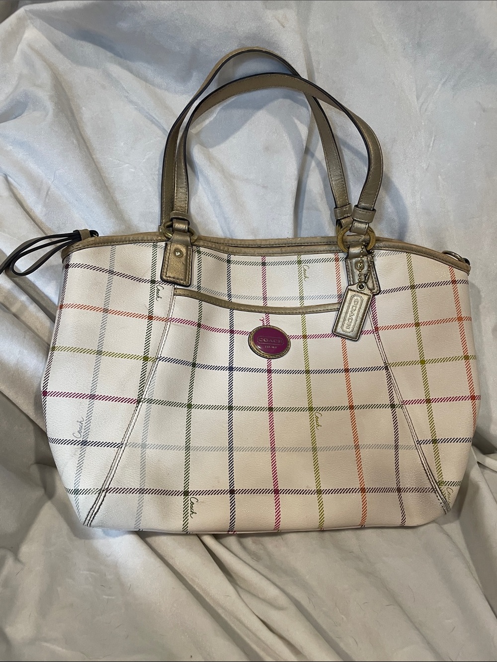 Y2K Coach Multicolor Payton Tattersall Plaid White Tote with Gold Trim B138